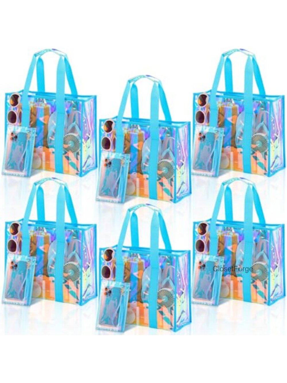 6 Pack Clear Iridescent Waterproof PVC Beach Pool Tote Bag Set